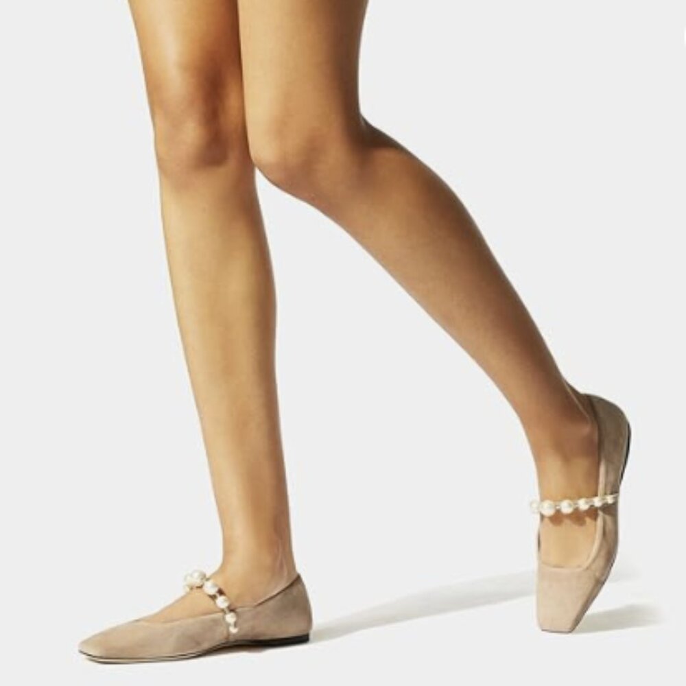 FOWT Women Square Toe Slip on Flats Pearl Studded Strap Elegant Pumps Nude